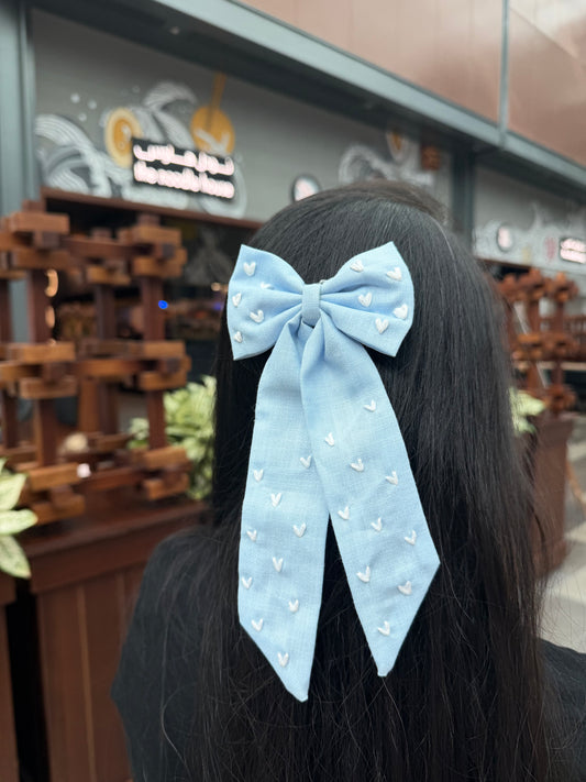 Denim Hearts Embroidered Bow